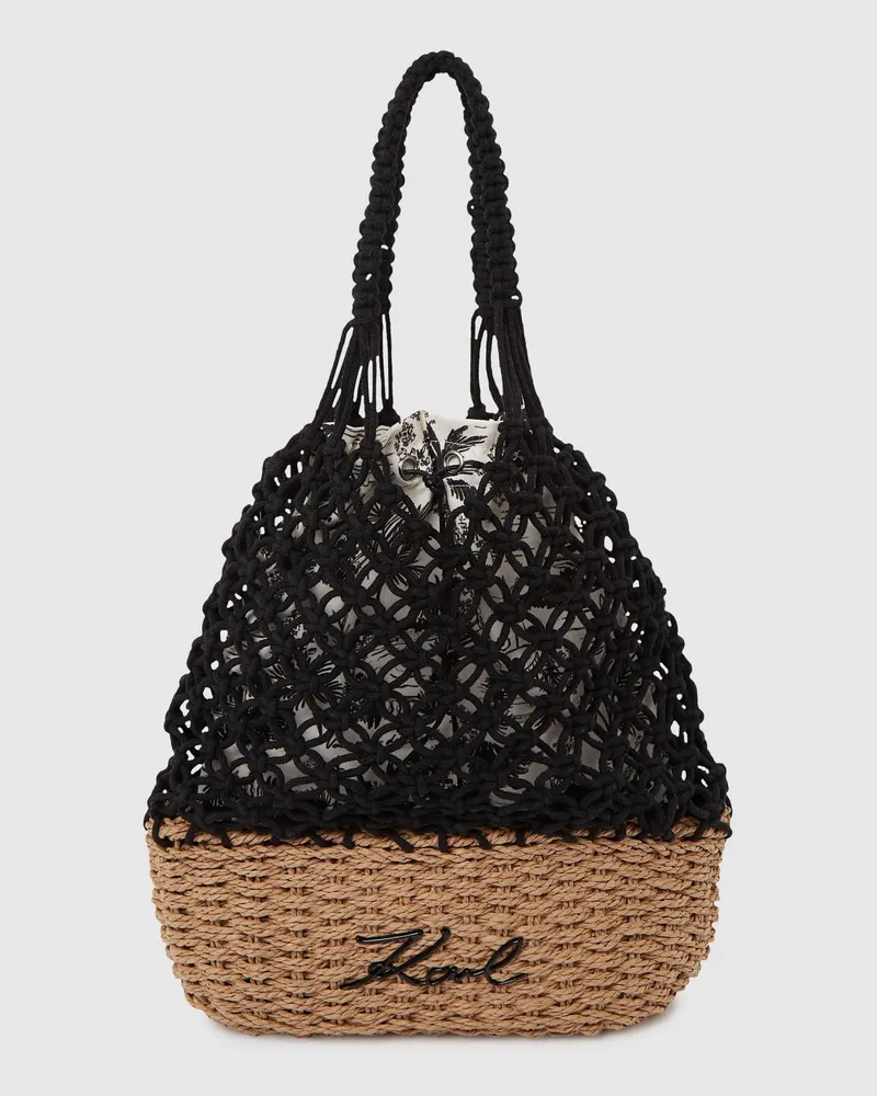 Karl Lagerfeld Signature-makramee-strandtasche, Damen, Natur/schwarz, Größe: One Size Natur