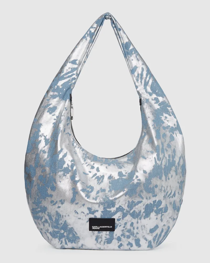 Karl Lagerfeld Große, Hochglänzende Hobo-tasche Aus Denim, Damen, Silberbeschichteter Denim, Größe Silberbeschichteter