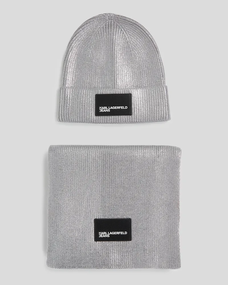 Karl Lagerfeld Geschenk-set Aus Beanie-mütze Und Schal In Metallic-optik, Frau, Stahl, Größe Stahl