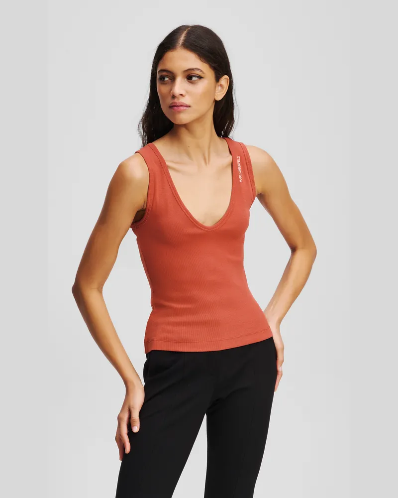 Karl Lagerfeld Geripptes Tanktop Mit V-ausschnitt, Frau, Zinnober, Größe Zinnober