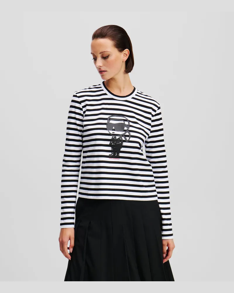 Karl Lagerfeld Ikon Langarm-t-shirt Mit Streifen, Damen, Schwarz-cannoli Creme Gestreift, Größe Schwarz-cannoli
