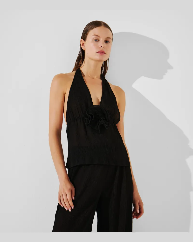 Karl Lagerfeld Plissé-neckholder Mit Blume, Damen, Schwarz, Größe Schwarz