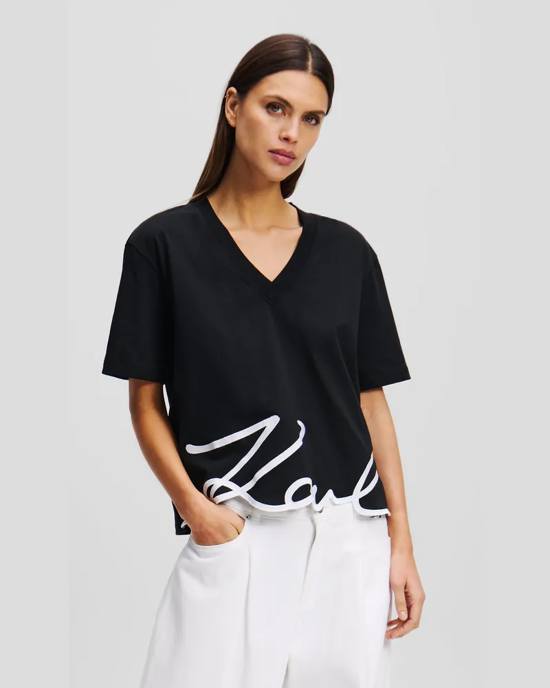 Karl Lagerfeld Signature T-shirt Mit V-ausschnitt, Damen, Schwarz, Größe Schwarz