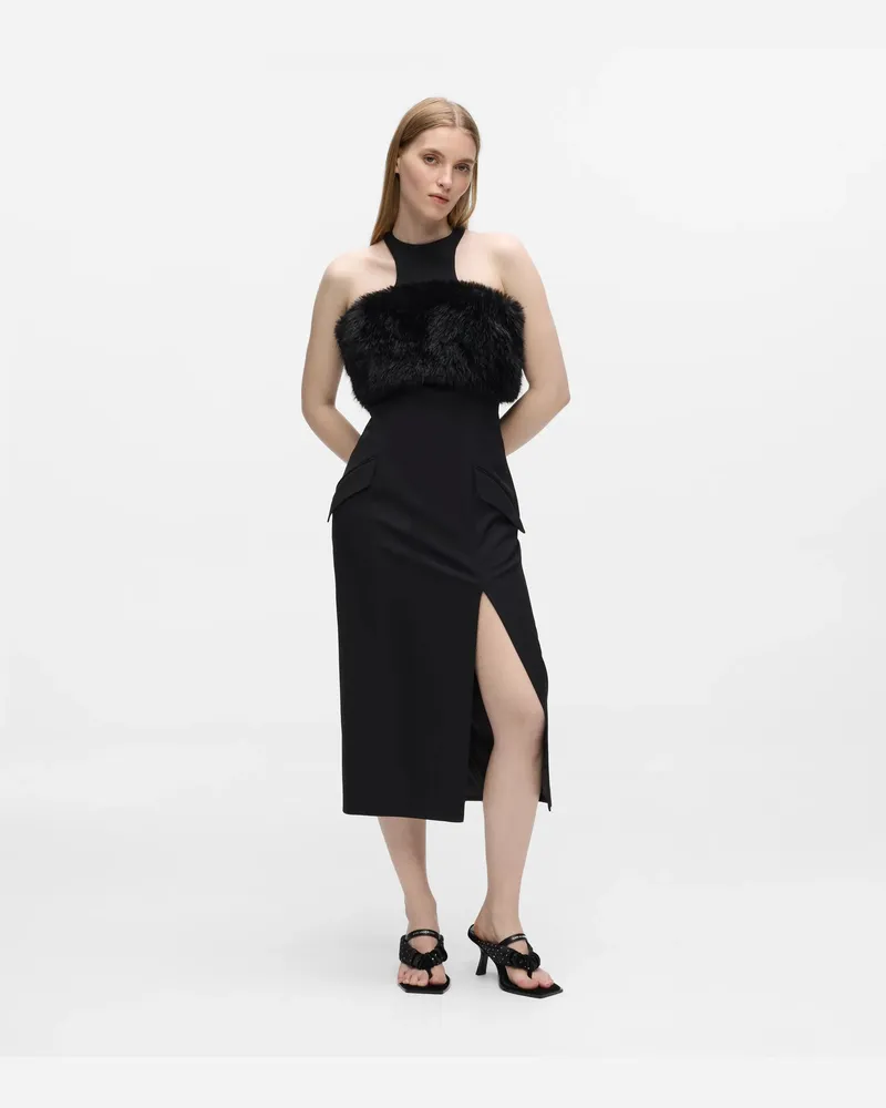 Karl Lagerfeld Kleid Mit Kunstpelzbesatz, Damen, Schwarz, Größe Schwarz