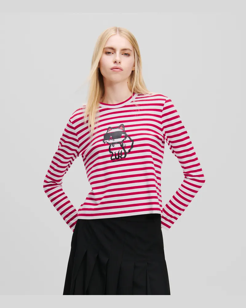Karl Lagerfeld Ikon langarm-t-shirt Mit Streifen, Frau, Scharlachrot-Salbei-Creme gestreift, Größe Scharlachrot-salbei-creme