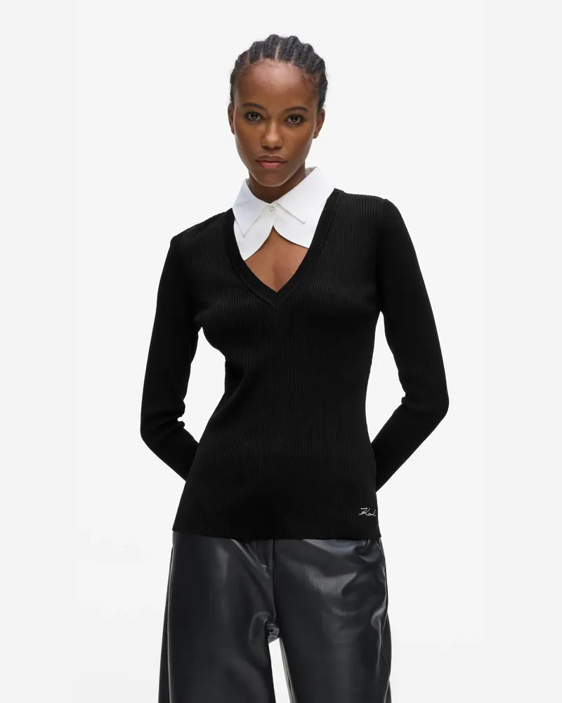 Karl Lagerfeld Polo Shirt Aus Strick Mit Kontrastkragen, Damen, Schwarz/weiss, Größe Schwarz
