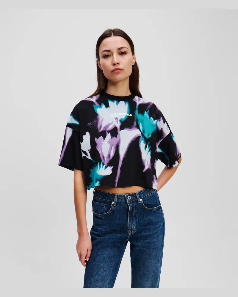 Karl Lagerfeld Cropped T-shirt Mit Blumenprint, Frau, Blumen All Over Print Schwarz, Größe Blumen