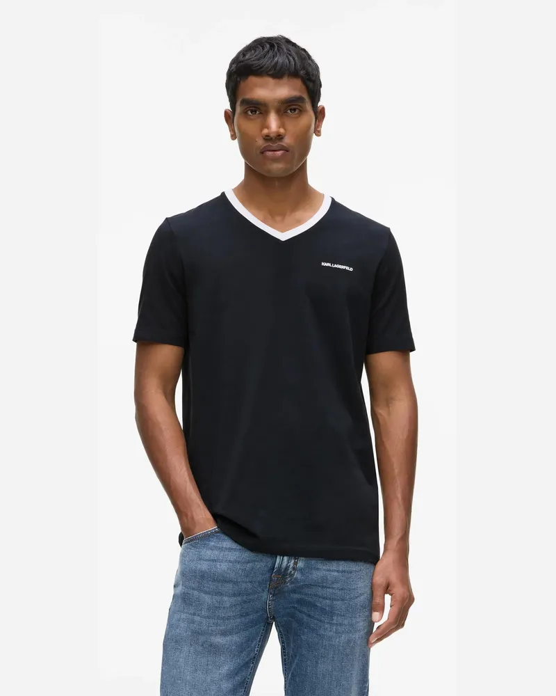 Karl Lagerfeld Kontrast V-ausschnitt T-shirt, Herren, Schwarz, Größe Schwarz