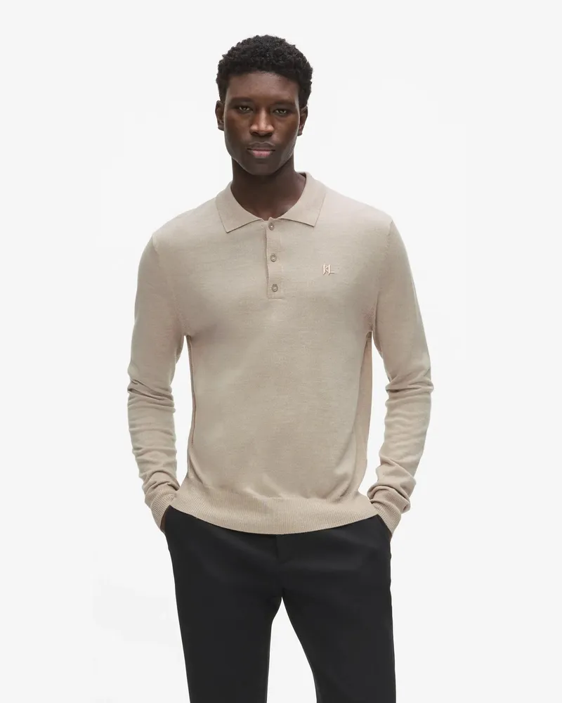 Karl Lagerfeld Langärmeliges Poloshirt Aus Merinowolle, Male, Sandsteinmischung, Size Beige