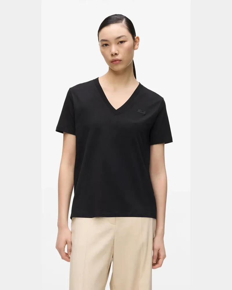 Karl Lagerfeld Signature T-shirt Mit V-ausschnitt, Damen, Schwarz, Größe Schwarz