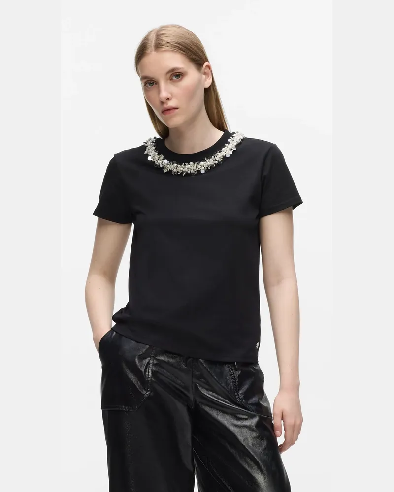 Karl Lagerfeld T-shirt Mit Perlenbesatz Am Kragen, Female, Schwarz, Size Black
