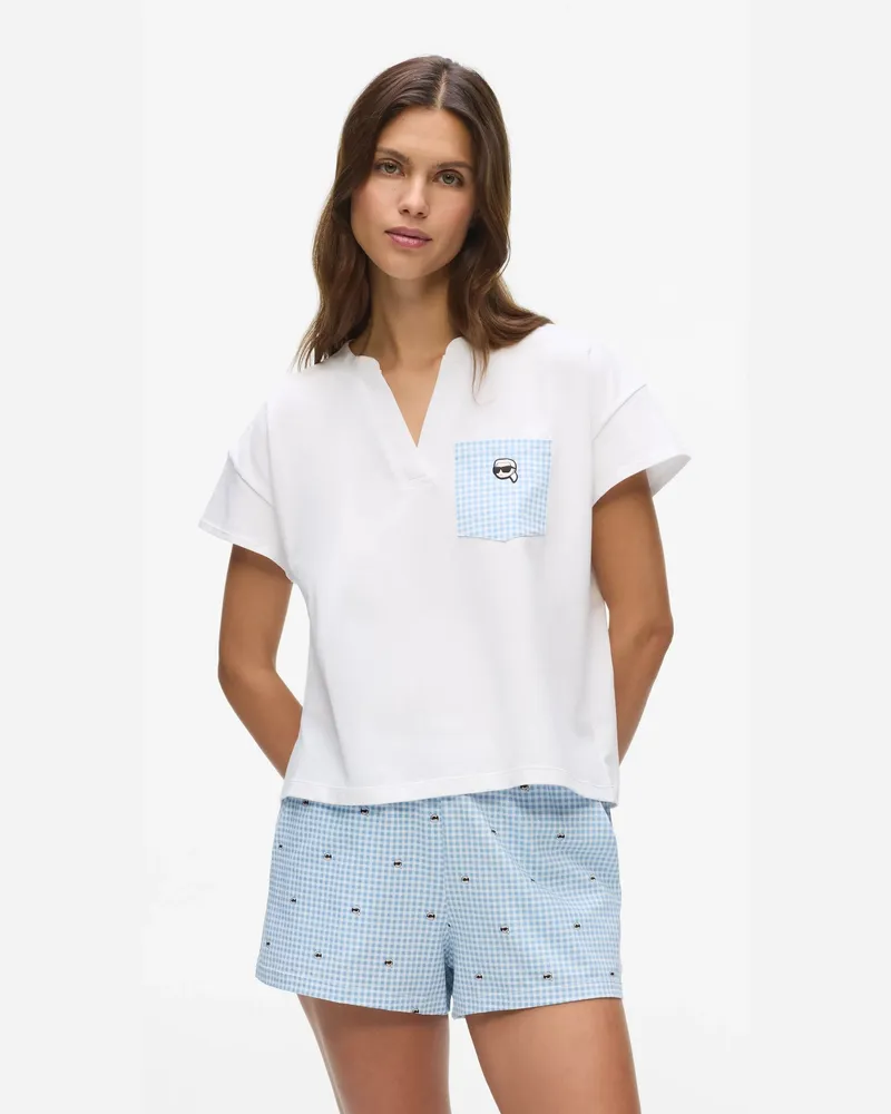 Karl Lagerfeld Ikon Kurzes Pyjama-t-shirt Im Gingham-look, Female, Weiss, Size White