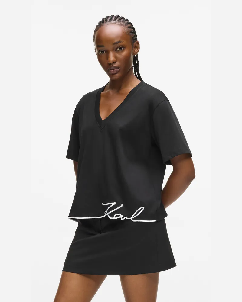 Karl Lagerfeld T-shirt Mit V-ausschnitt Und Signature-saum, Damen, Schwarz, Größe Schwarz
