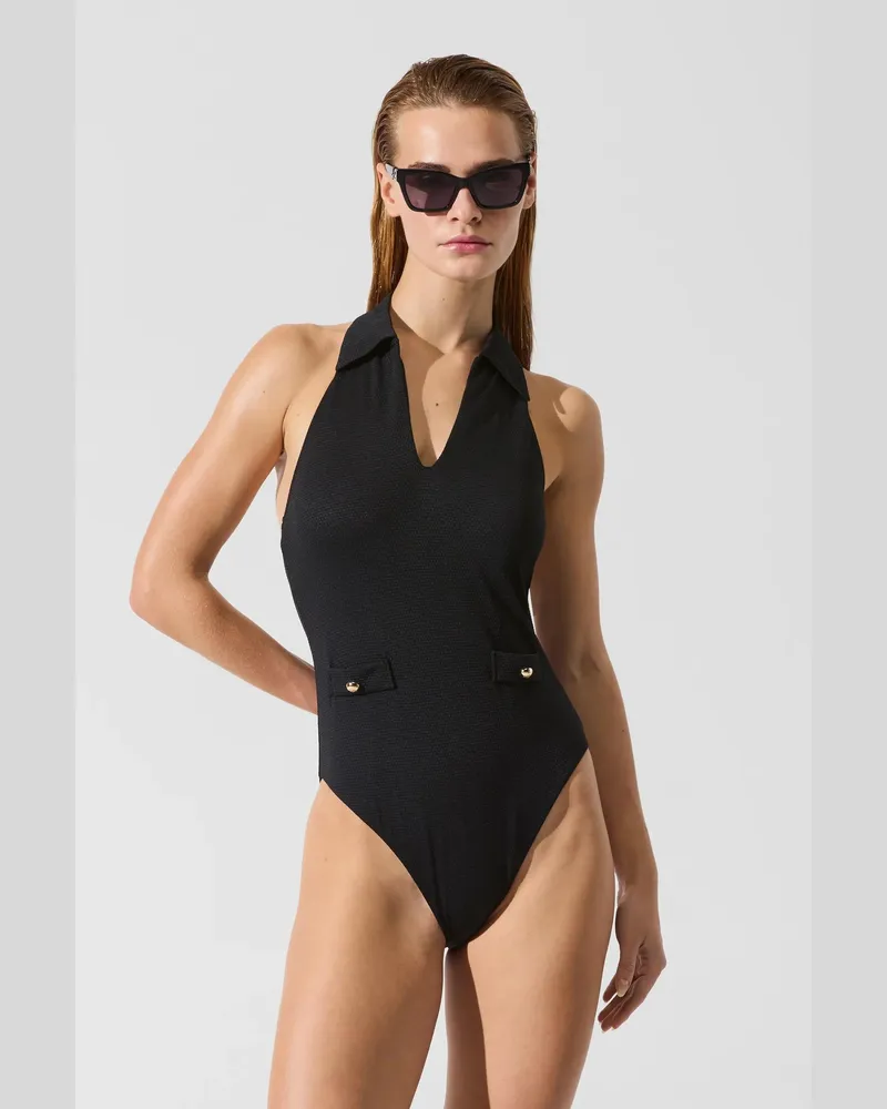 Karl Lagerfeld Badeanzug Mit Kragendetail, Damen, Schwarz, Größe Schwarz