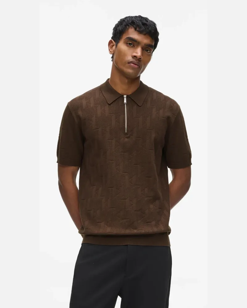 Karl Lagerfeld Monogram Poloshirt Mit Reissverschluss, Herren, Schwarzer Kaffee, Größe Schwarzer