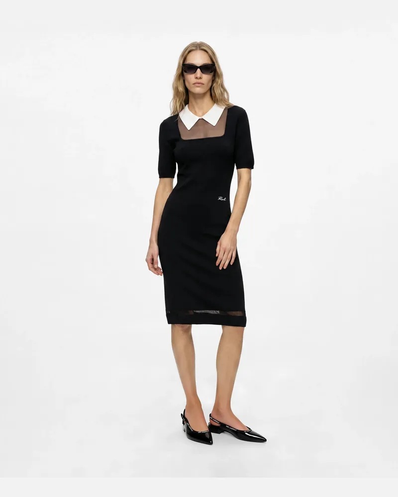Karl Lagerfeld Transparentes Strickkleid Mit Latz, Female, Schwarz/weiss, Size Black