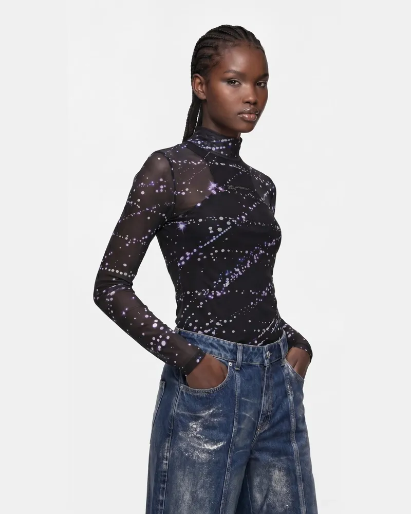Karl Lagerfeld Top Mit Konstellationsmuster Aus Mesh, Damen, Leuchtender Allover-print, Größe Leuchtender