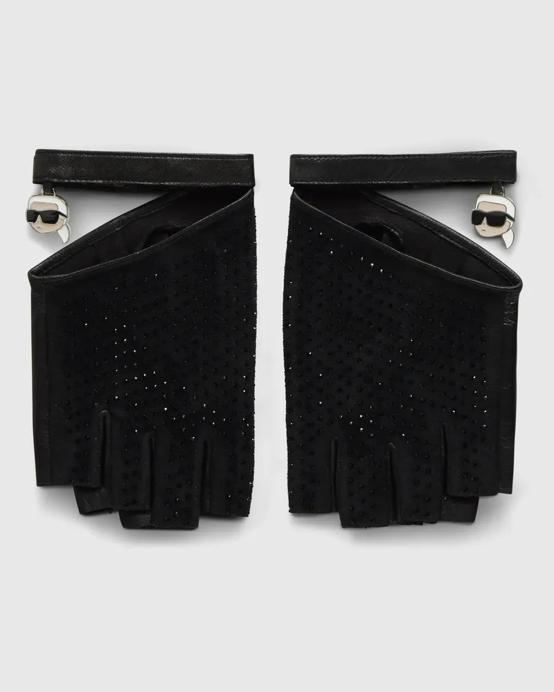 Karl Lagerfeld Ikon Fingerlose Handschuhe Mit Strass, Female, Schwarze Verzierung, Size Black