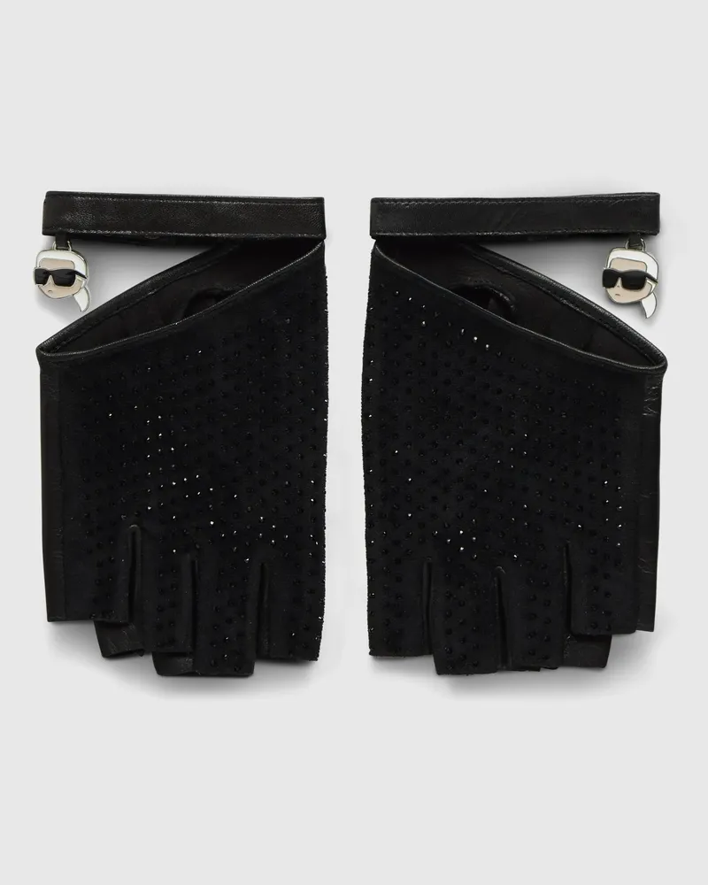 Karl Lagerfeld Ikon Fingerlose Handschuhe Mit Strass, Female, Schwarze Verzierung, Size Black