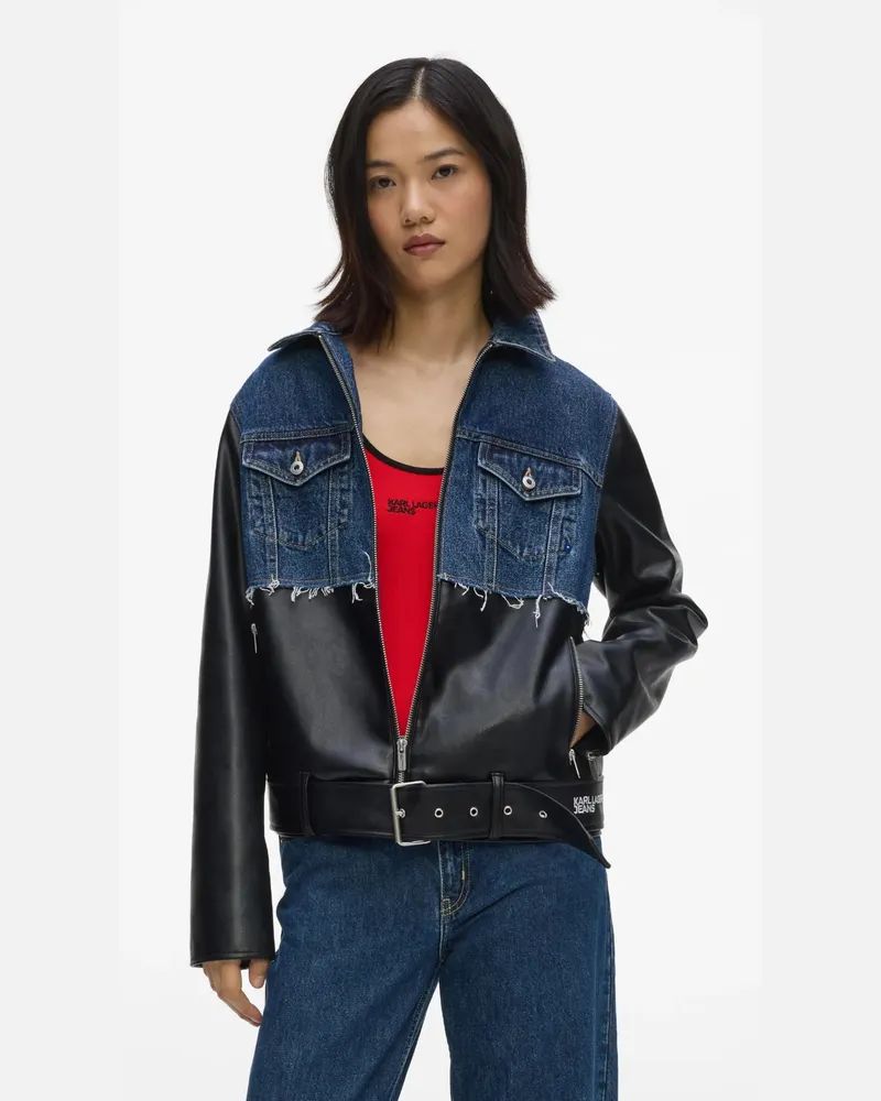 Karl Lagerfeld Jacke Aus Kunstleder Und Denim, Damen, Verwaschenes Dunkelblau-schwarz, Größe Verwaschenes