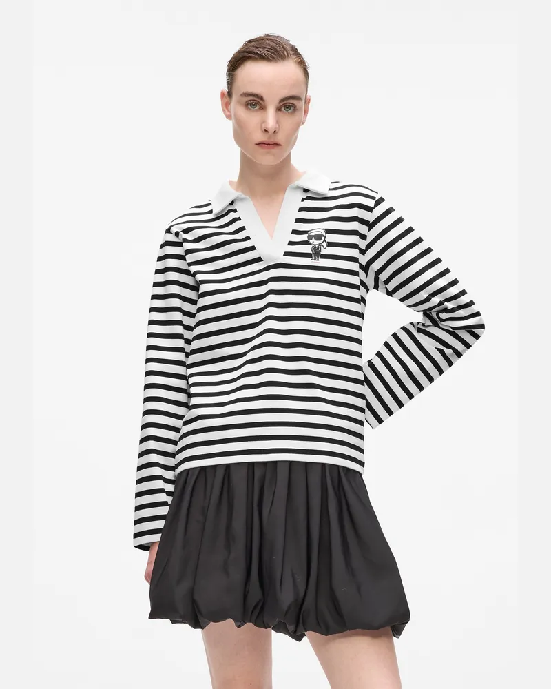 Karl Lagerfeld Ikon Gestreiftes Polohemd Mit Langen Ärmeln, Damen, Schwarz-cannoli Creme Gestreift, Größe Schwarz-cannoli