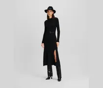 Langärmliges Strickkleid Mit Gürtel, Frau, Schwarz, Größe