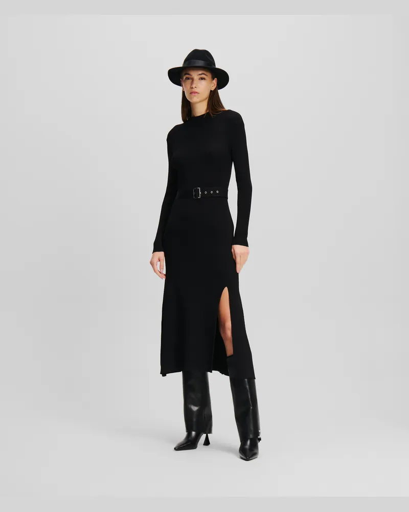 Karl Lagerfeld Langärmliges Strickkleid Mit Gürtel, Frau, Schwarz, Größe Schwarz