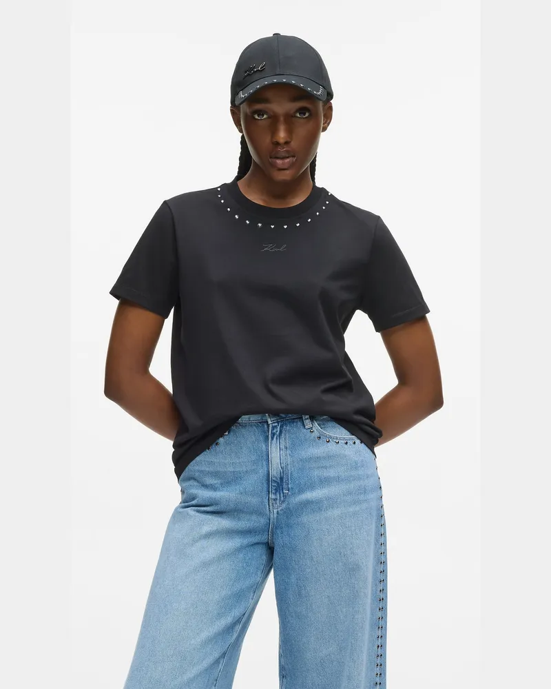 Karl Lagerfeld Signature T-shirt Mit Nieten, Damen, Schwarz, Größe Schwarz
