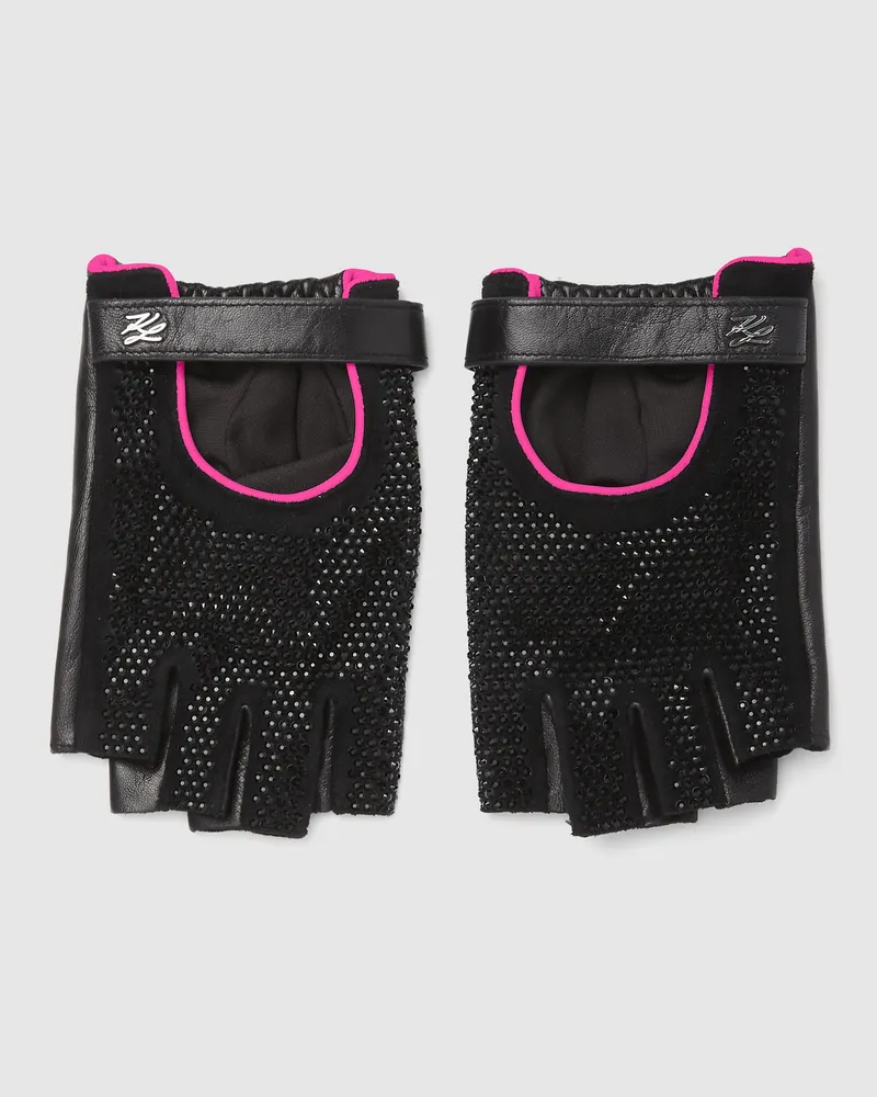 Karl Lagerfeld Exklusive Fingerlose K/autograph-handschuhe Mit Strass, Damen, Schwarze Verzierung, Größe Schwarze