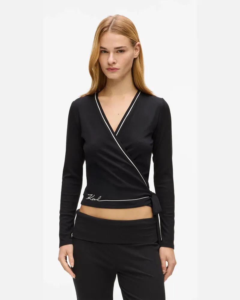 Karl Lagerfeld Signature Loungewear-wickel-top, Damen, Schwarz, Größe Schwarz