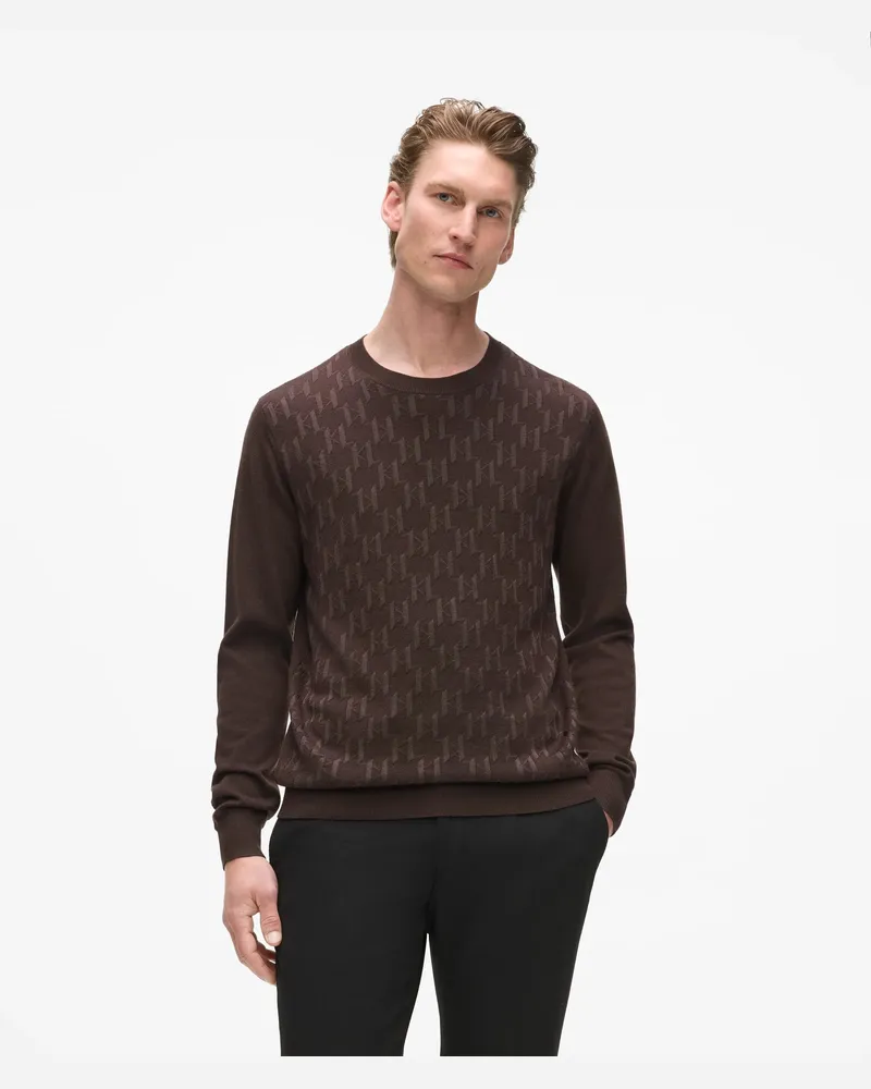 Karl Lagerfeld Pullover Mit Strukturiertem Monogram Und Rundhalsausschnitt, Herren, Schwarz/braun, Größe Schwarz
