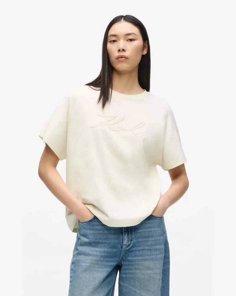 Karl Lagerfeld Signature T-shirt Mit Seilapplikation, Damen, Cannoli Creme, Größe: Xxl Cannoli