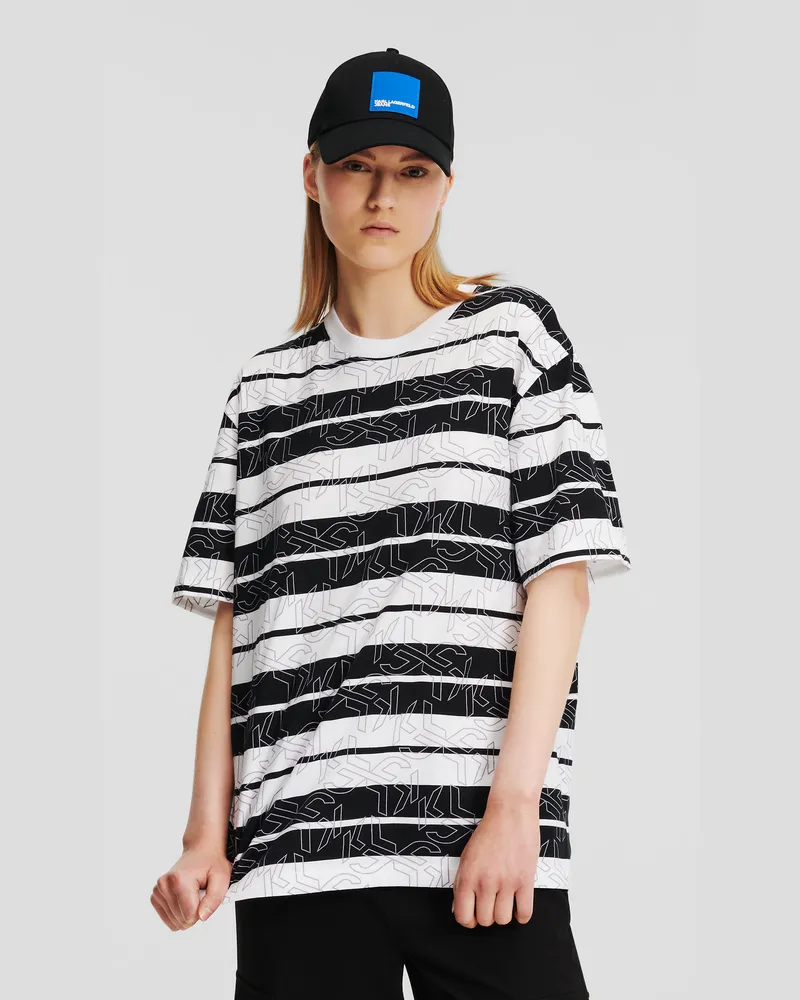 Karl Lagerfeld Monogram T-shirt Mit Streifen, Frau, Schwarz Weiss Durchgehender mehrfarbiger Print, Größe Schwarz