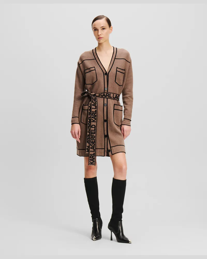 Karl Lagerfeld Strickjacke Mit Logo Und Gürtel, Frau, Beige/Schwarz, Größe Beige