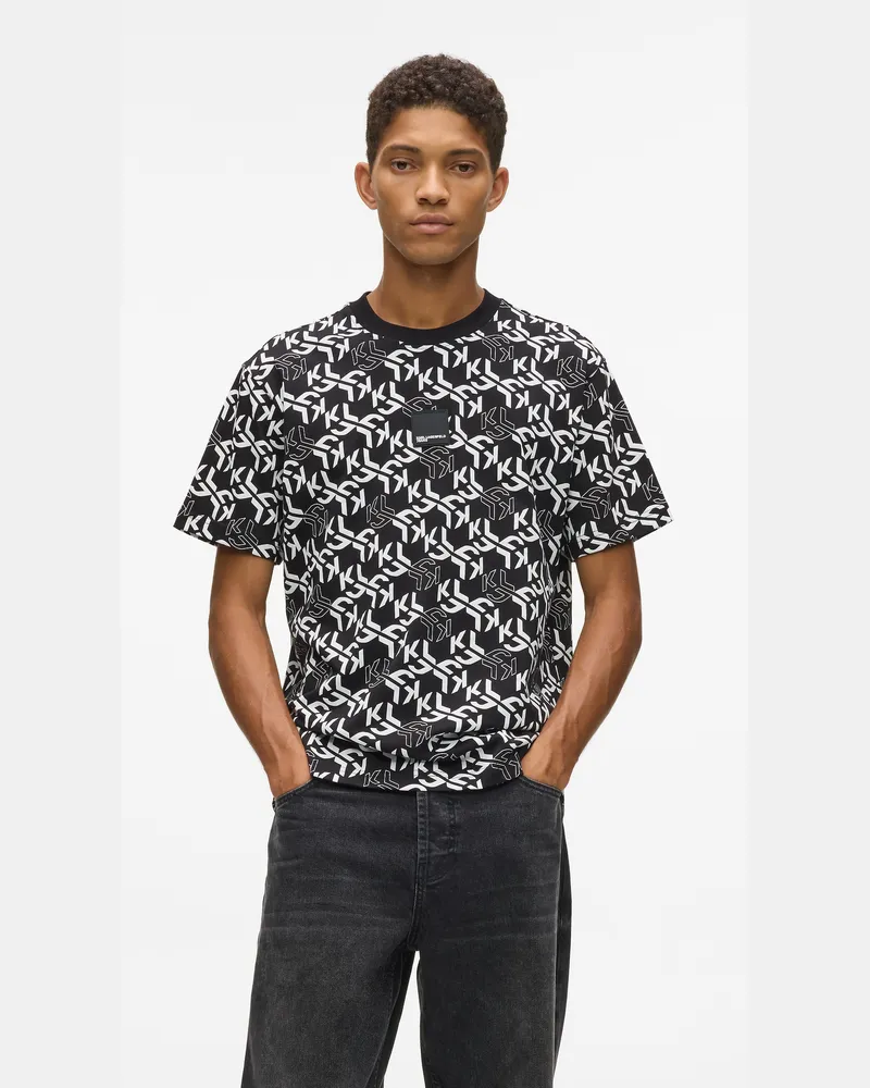 Karl Lagerfeld T-shirt Mit Durchgehendem Monogramm, Herren, Umriss-monogramm, Schwarz, Allover-print, Größe Umriss-monogramm