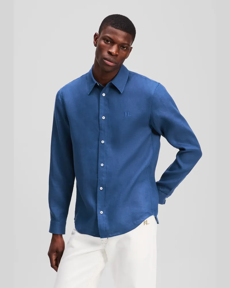 Karl Lagerfeld Monogram Leinenhemd, Herren, Dämmerungsblau, Größe Dämmerungsblau