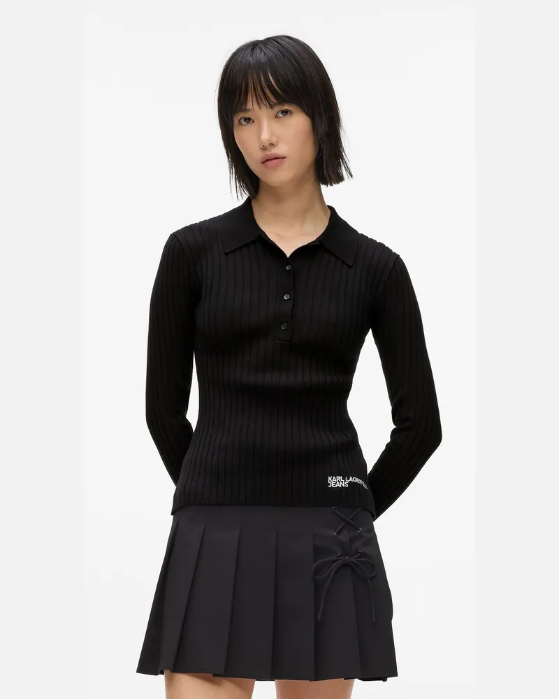Karl Lagerfeld Langärmeliges, Gestricktes Polo Shirt, Damen, Schwarz, Größe Schwarz