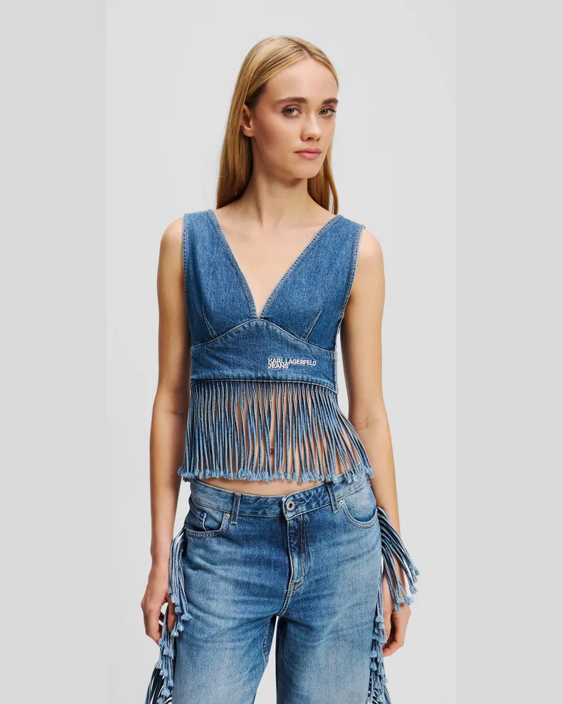 Karl Lagerfeld Denim-top Mit Fransen, Damen, Stone Washed Mittelblau, Größe Stone