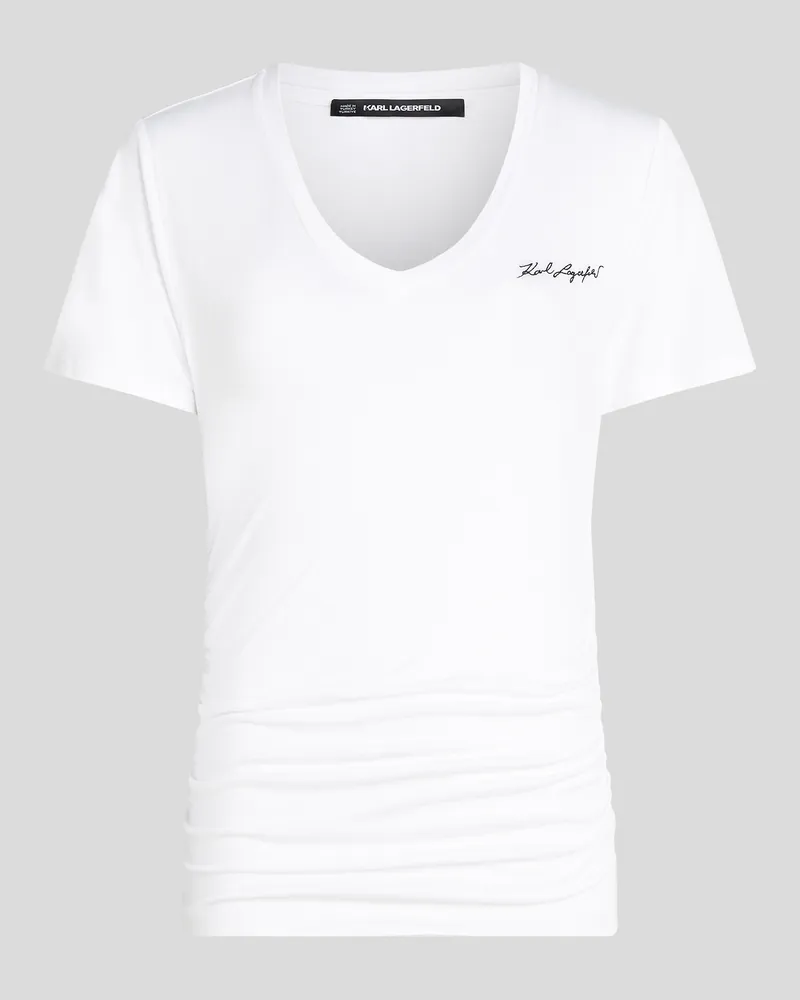 Karl Lagerfeld Signature T-shirt Mit V-ausschnitt Und Raffung, Frau, Weiss, Größe Weiss