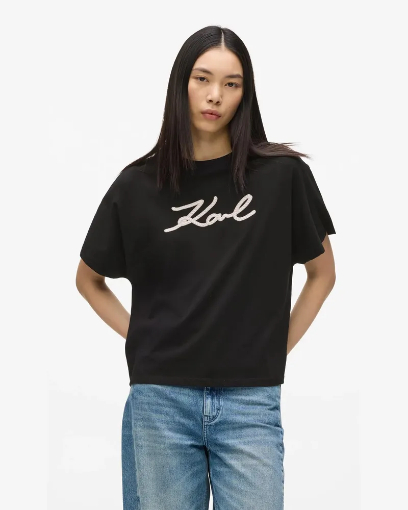 Karl Lagerfeld Signature T-shirt Mit Seilapplikation, Damen, Schwarz, Größe: Xxl Schwarz