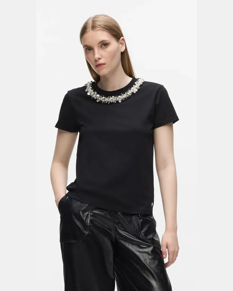 Karl Lagerfeld T-shirt Mit Perlenbesatz Am Kragen, Damen, Schwarz, Größe Schwarz