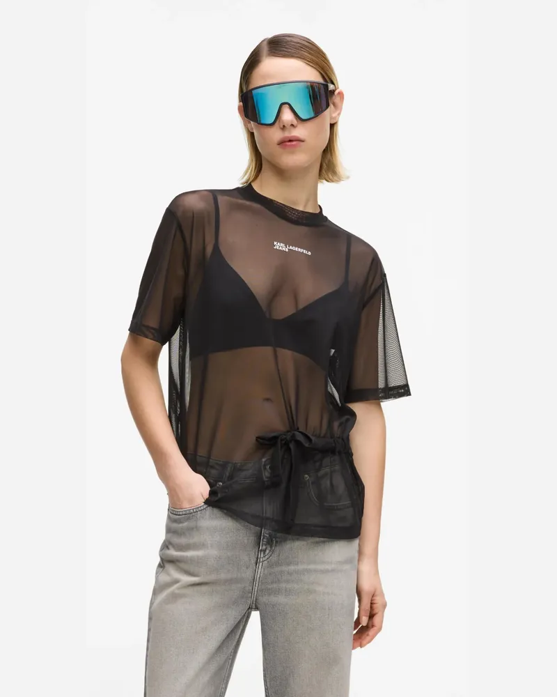 Karl Lagerfeld T-shirt Mit Netzstoff Und Bindegürtel, Damen, Schwarz, Größe Schwarz