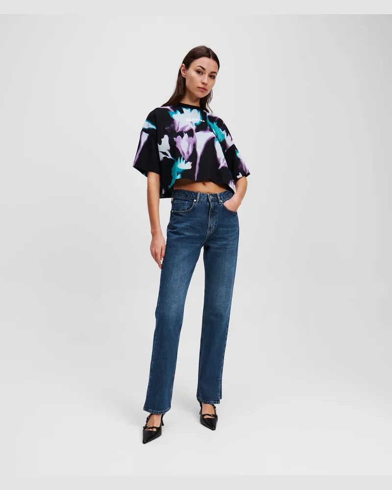 Karl Lagerfeld Hoch Geschnittene Jeans Mit Geradem Bein Und Schlitz Am Saum, Damen, Washed Dark Blue, Größe Washed