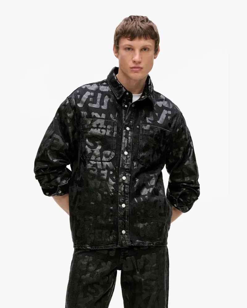 Karl Lagerfeld Denim-shirt Mit Allover-logo, Herren, Gewaschenes Schwarzes All-over-print, Größe Gewaschenes