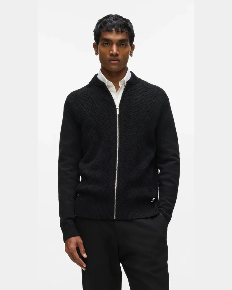 Karl Lagerfeld Strickjacke Mit Reißverschluss Und Zopfmuster, Herren, Schwarz, Größe Schwarz