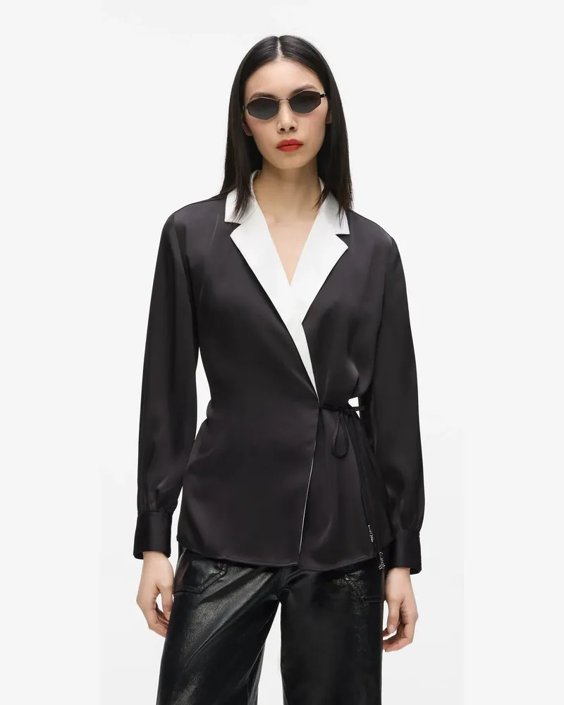 Karl Lagerfeld Wickelbluse Mit Satin-optik, Damen, Schwarz/weiss, Größe Schwarz