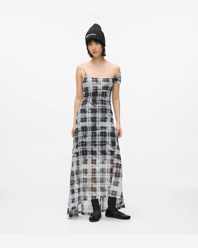 Karl Lagerfeld Karierte Maxi-kleid Aus Mesh, Damen, Fächerschwarz, Größe Fächerschwarz