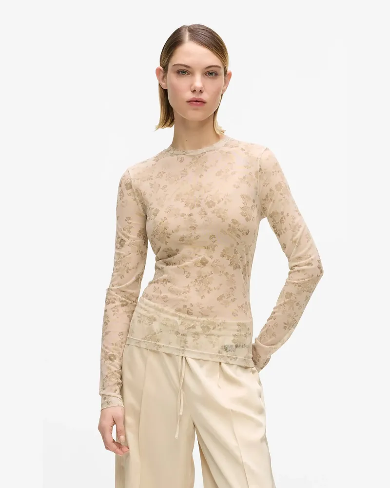 Karl Lagerfeld Langärmeliges T-shirt Mit Netzstoff Und Blumenmuster, Damen, Weiß-mandarinenstreifen, Größe: Xs Weiß-mandarinenstreifen