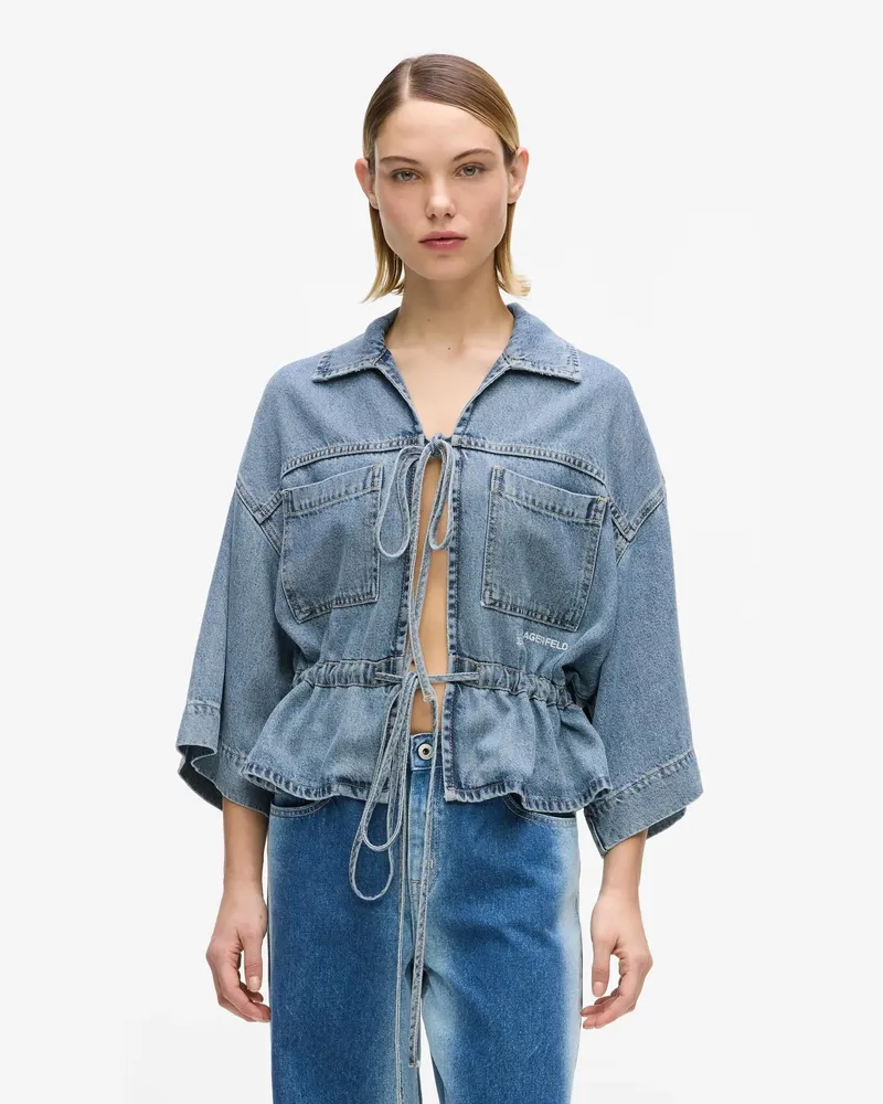 Karl Lagerfeld Kurzärmeliges Denim-hemd Mit Schnürung Vorne, Damen, Gewaschenes Mittelblau, Größe Gewaschenes