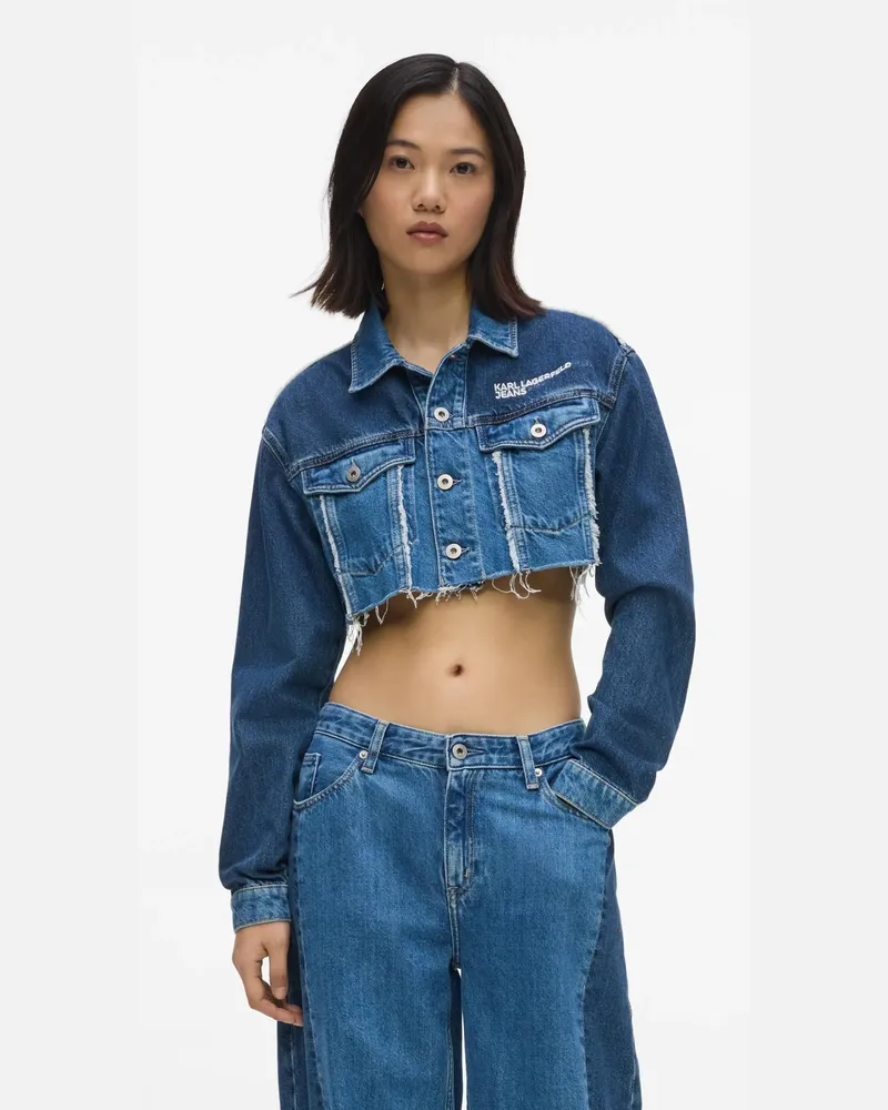 Karl Lagerfeld Micro-jacke Aus Denim In Color-block-optik, Damen, Mittelblau Geblockt, Größe Mittelblau